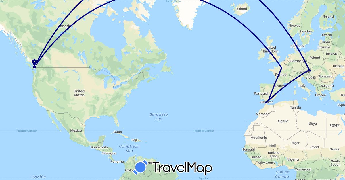 TravelMap itinerary: driving in Austria, Canada, Spain, France, Gibraltar, Morocco (Africa, Europe, North America)